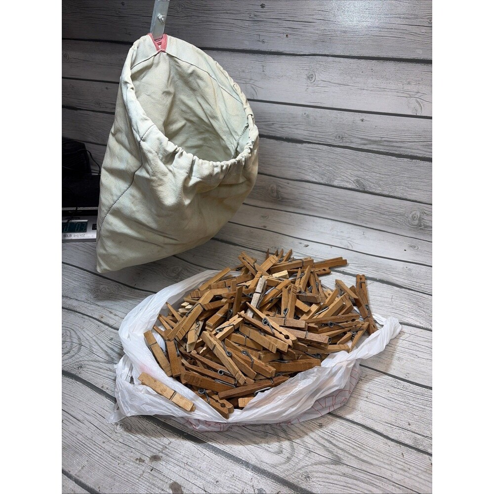 Vintage Stay Open Clothespin Fabric Bag and Variety of Clothes Pins